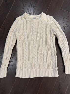 L.L. Bean Cream Cable-Knit Crewneck Sweater with Shoulder Buttons